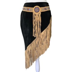 3B WEST GENUINE SUEDE LEATHER BEADED AND FRINGED ASYMMETRICAL SKIRT
